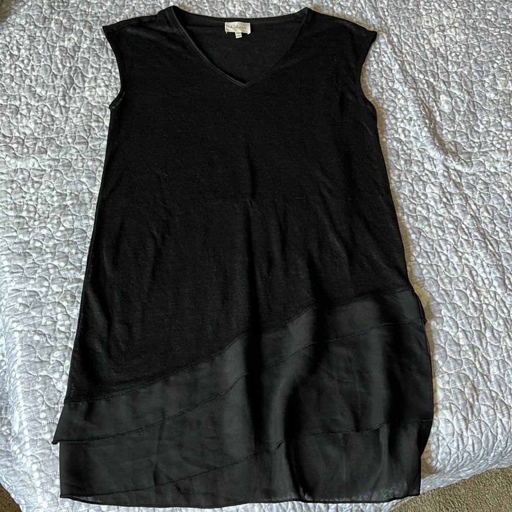 Sheer linen t shirt dress black XS v neck tunic top